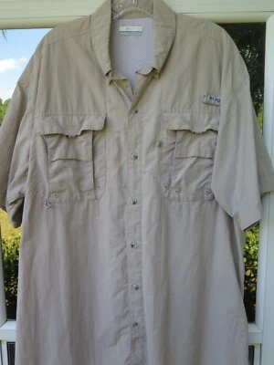 Columbia PFG Hombres Tactel Nylon Beige Sólido Exterior Ventilado Camisa de Pesca Grande Foto 1 de 4