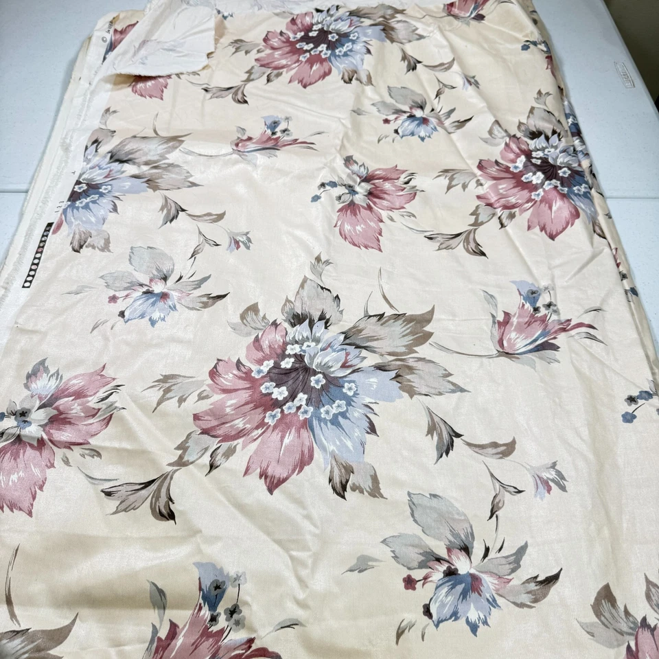 vintage dupont upholstery fabric beige purple floral cotton 56x386 10.8 yards - Image 1 of 4