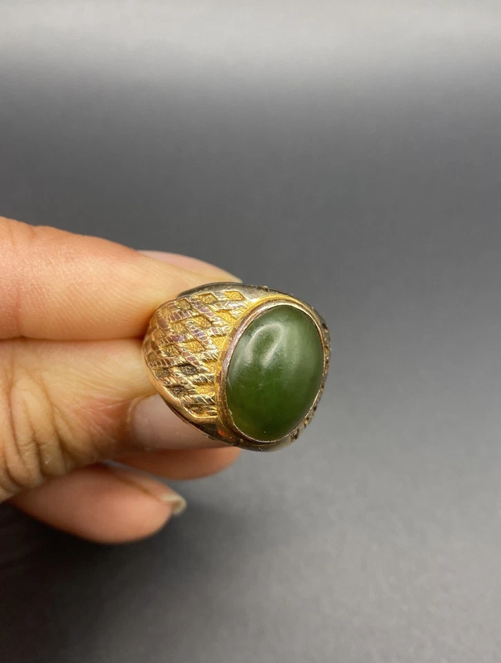 Anillo de sello firmado relleno de oro de 10k vintage con jade ovalado grande? Talla 9 Foto 1 de 4