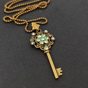 Michal Negrin Key Necklace Green Crystal Vintage Victorian Style Romantic Long - Picture 1 of 20