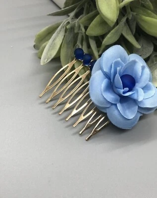 "Accesorios peine tono dorado con cuentas reales flor azul bebé boda formal 2,0""" Foto 1 de 2