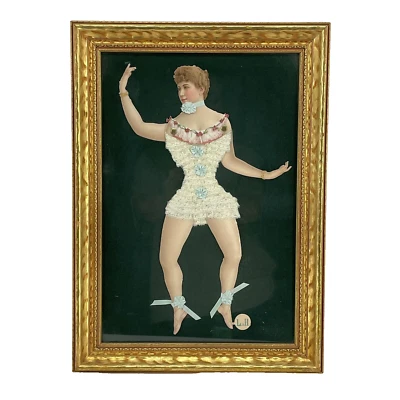 L&B Antique Paper Doll With Original Fabric Clothes Framed Art Velvet Gold Tone - Image 1 of 4