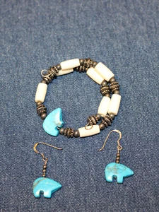 TURQUOISE BEAR, BONE, SILVER, BRASS BRACELET & EARRINGS - Picture 1 of 1