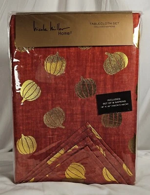 Nicole Miller 60x104 Tablecloth & 8 Napkins Burnt Orange Gold Pumpkins Halloween - Image 1 of 4