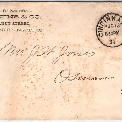 1891 Cincinnati, OH R. Haskins Cover Envelope to Osmans Ohio 2c Stamp Antique 5V - Image 1 of 3
