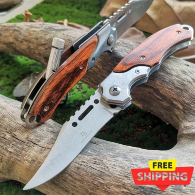 Navaja de Bolsillo con Linterna LED - Mango de Madera Supervivencia Cuchillo Plegable Caza ED Foto 1 de 4