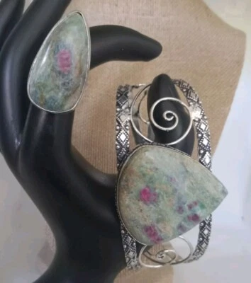 925 Teardrop Stone Natural Ruby Fuchsite Green & Burgandy Red Stone Bracelet Set Foto 1 de 4