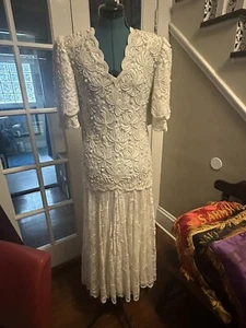 1980s Rayon Beaded Pearl Vintage Dress White Evening Holiday Glam: Medium Petite - Picture 1 of 10
