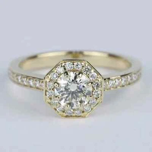 2 Ct Round Cut Moissanite Halo Engagement Ring 14K Yellow Gold Plated - Picture 1 of 4