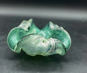 Stunning Murano Art Glass Ashtray Green Silver Mica Bubbles Aventurine - Picture 1 of 12