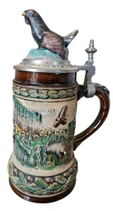 Taza Bever Alemania Beer Stein vintage pintada a mano pavo caza bosque escena - Imagen 1 de 15