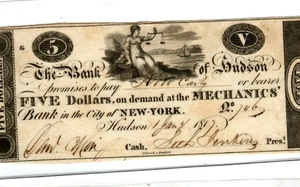 $5 "BANK OF HUDSON" (NEW YORK) "RARE NOTE" 1800'S $5 "BANK OF HUDSON" CRISPY!!! - Picture 1 of 3