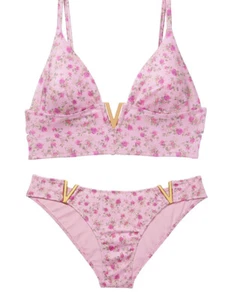 Victoria's Secret V-Hardware Bralette Bikini set gold metal swim pink floral - Picture 1 of 9