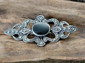 VINTAGE STERLING SILVER 925 MARCASITE AND BLACK ONYX ART DECO PIN BROOCH - Picture 1 of 12