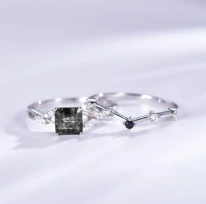 Rutilated Quartz Ring Set Square Cut Engagement & Chevron Band in Silver - Picture 1 of 11