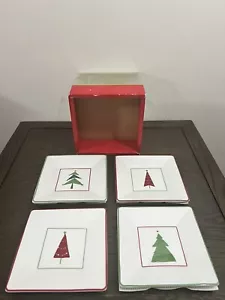 Set of 4 CRATE & BARREL Plates Red Green Holiday Xmas Christmas Tree Appetizer - Picture 1 of 13