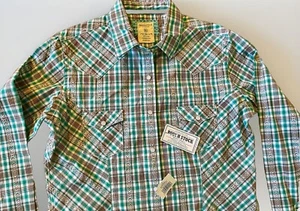 PANHANDLE Slim Womens M Rough Stock Turquoise Plaid Western Pearl Snap Shirt NWT - Picture 1 of 11