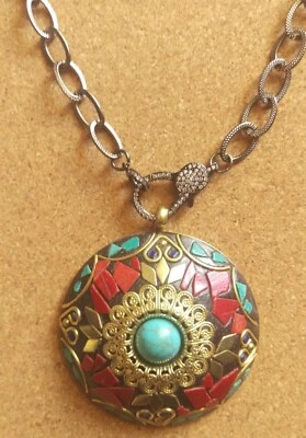TIBETAN TURQUOISE CORAL ROUND DISC NECKLACE - Image 1 of 3