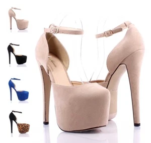 6.5" Stilettos Platform Pump Faux Suede Ankle Strap Women High Heels Shoes - Picture 1 of 25