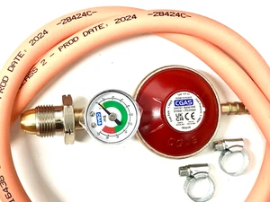 Propane Gas 37mbar Regulator With Pressure Gauge 2 Metre Hose Pipe And Clips - Picture 1 of 16
