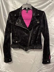 Forever 21 Women's Black Velour Asymmetric Zip Belted Moto Short Jacket Size S - Picture 1 of 18
