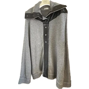 portolano 100% cashmere leather trim women’s shawl sweater one size gray - Picture 1 of 7