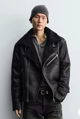 Zara Shearling Biker Jacket Motorcycle iro allsaints boda skins acne madewell L - Image 1 of 4