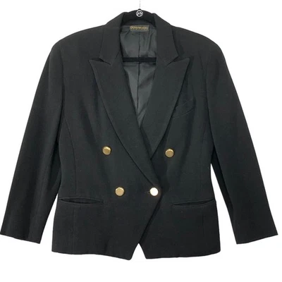 Vintage DONNA KARAN Sz 10 Black Double Breasted Blazer Black Gold Buttons USA - Image 1 of 4