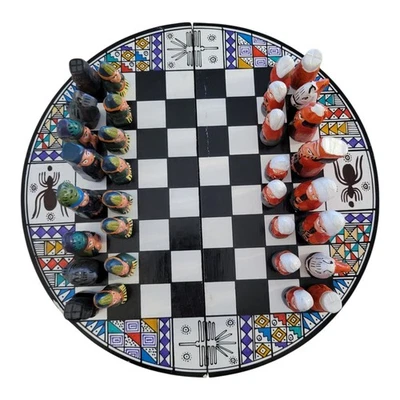 Rare Conquistador Aztec Mayan Chess Set- Hand Painted; Round; Ceramic  - Image 1 of 4