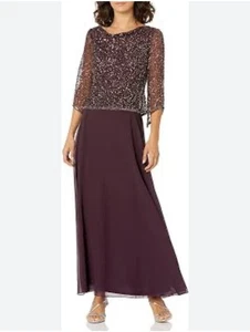 J KARA DAMEN 3/4-ÄRMEL WASSERFALLAUSSCHNITT LANGES PERLENKLEID GRÖSSE 4 WEINROT - Bild 1 von 4