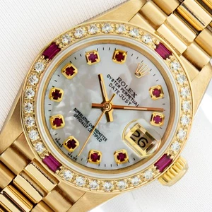 ROLEX LADIES PRESIDENT MOP RUBY DIAL 18K YELLOW GOLD QUICK-SET DIAMOND WATCH - Picture 1 of 11
