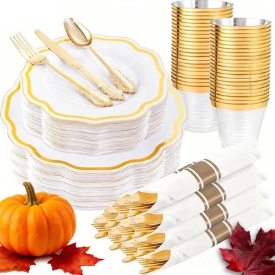 Platos de plástico blanco y dorado 350 piezas - Platos desechables para mesa de 50 invitados... Foto 1 de 4