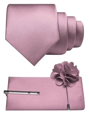 Formal Necktie Solid Color Tie and Pocket Square with Tie Clip Lapel Dusty Rose - Image 1 of 4