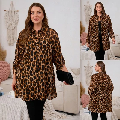 Plus Size Women Leopard Print Shirts Chiffon Long Sleeve  Collar Tops Blouse - Image 1 of 4