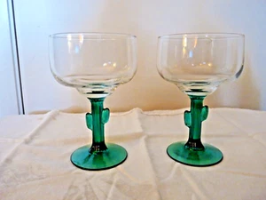 2 Margarita Glasses Green Cactus Footed Stems NICE - Picture 1 of 15