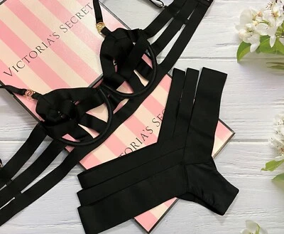Victoria's Secret Luxe Lencería Bandas Tirantes Demi Sujetador Conjunto de 2 Piezas Negro  Foto 1 de 4
