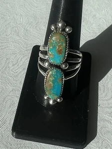 2 stone Kingman Turquoise Sterling Silver Sz9.5 Navajo Avin Joe R0259 - Picture 1 of 5