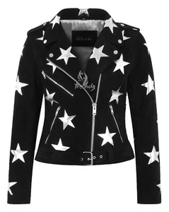 Chaqueta de cuero de gamuza estilo motociclista estilo Brando para mujer negra plateada con parches de estrellas - Imagen 1 de 4