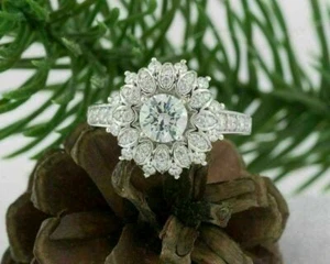 1Ct White Round Cut Moissanite Halo Flower Engagement Solid 14K White Gold Ring - Picture 1 of 3