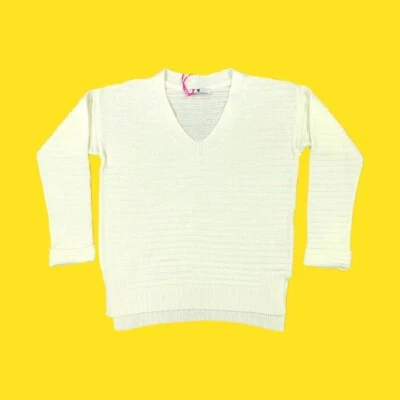 V BY VERY Knitted Jumper, V Neckline, Ribbed Pattern, Fold Over Cuffs, White, 12 - Image 1 of 4