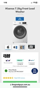 HISENSE 7.5kg Front Load Washer HWFY7514 BARELY USED still Like New BERWICK 3806 - Picture 1 of 3