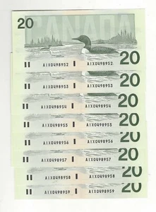 1991 Bank of Canada BC-58aA-ii, 8 Cons. $20 Thi/Cro SN AIX0498952-59 Repl Notes - Foto 1 di 2