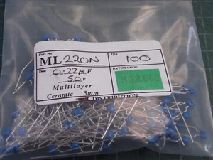 100 Pezzi Condensatore Monolitico Micro Miniatura 0,22uF=220nF 50v 10% 639 - Foto 1 di 3