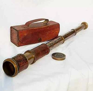 Antique Brass Telescope Marine Nautical Leather Pirate Spyglass Victorian Gift - Picture 1 of 5