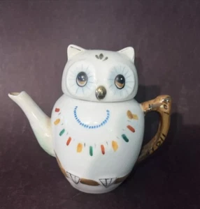 Vintage Eule Teekanne klein Demitasse weiß gold Keramik Taiwan - Bild 1 von 15