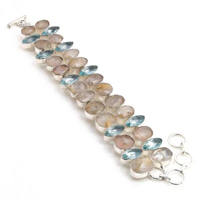 Pulsera de piedras preciosas hecha a mano de cuarzo rutilo dorado aguamarina talla 8 pulgadas Foto 1 de 3