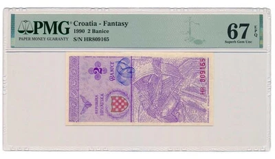 Billete Croacia 2 Banice 1990 rojo serie HR grado PMG MS 67 EPQ excelente gema sin circular Foto 1 de 4