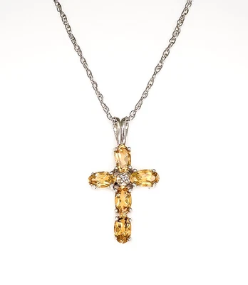 Colar pingente cruz prata esterlina citrino e diamante - Imagem 1 de 3