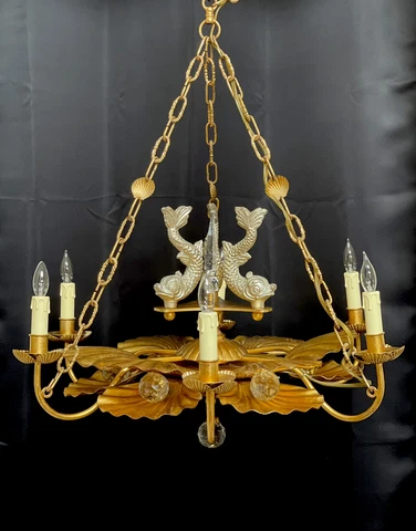 Vintage Tole French Figural Neoclassical Crystal Chandelier Koi Fish Cover