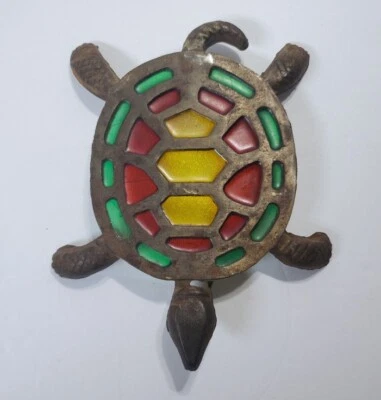 Vintage Stained Glass Cast Iron Cute TURTLE Kitchen TRIVET Hot Plate MCM - Image 1 of 4